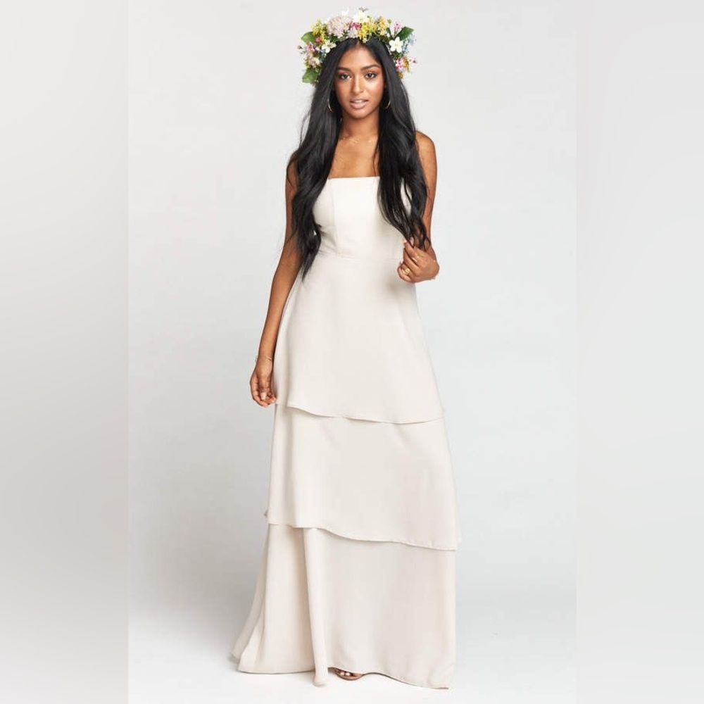 Show Me Your Mumu Calypso Bridesmaid Dress Sz M Pink Beige Tiered Ruffles